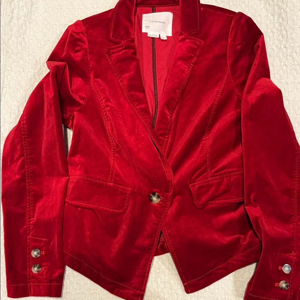 Anthropologie Women's Red Velvet Blazer